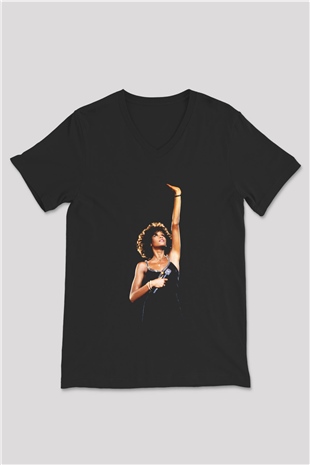 Whitney Houston Siyah Unisex V Yaka Tişört T-Shirt