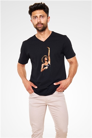 Whitney Houston Siyah Unisex V Yaka Tişört T-Shirt