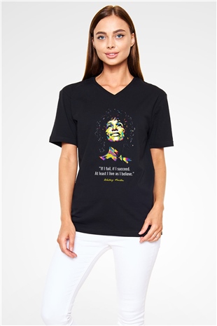 Whitney Houston Siyah Unisex V Yaka Tişört