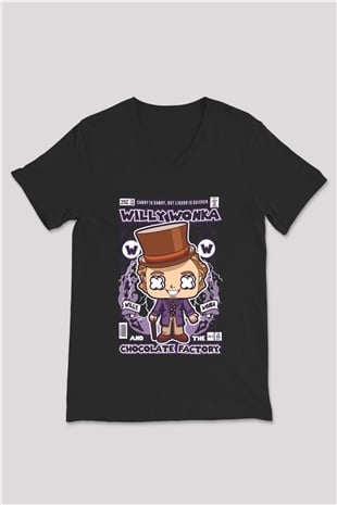 Willy Wonka Çikolata Fabrikası Baskılı Unisex Siyah V Yaka Tişört