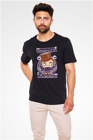 Willy Wonka Çikolata Fabrikası Baskılı Unisex Siyah Tişört