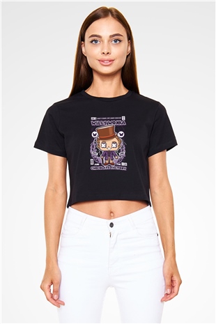 Willy Wonka Çikolata Fabrikası Baskılı Siyah Kadın Crop Top Tişört