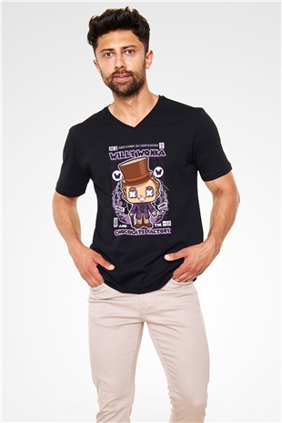 Willy Wonka Çikolata Fabrikası Baskılı Unisex Siyah V Yaka Tişört