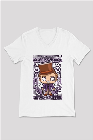 Willy Wonka Çikolata Fabrikası Baskılı Unisex Beyaz V Yaka Tişört