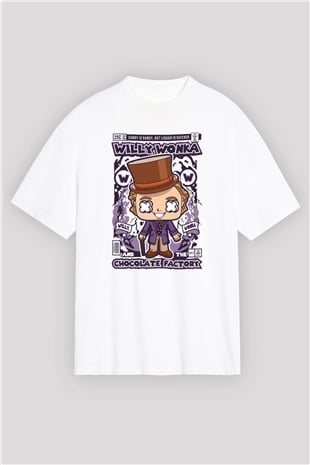 Willy Wonka Çikolata Fabrikası Baskılı Unisex Beyaz Oversize Tişört