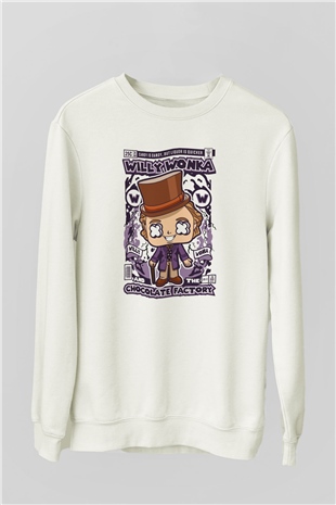 Willy Wonka Çikolata Fabrikası Baskılı Unisex Beyaz Sweatshirt