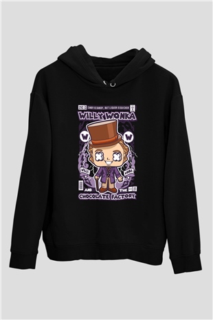 Willy Wonka Çikolata Fabrikası Baskılı Unisex Siyah Hoodie
