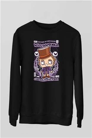 Willy Wonka Çikolata Fabrikası Baskılı Unisex Siyah Sweatshirt