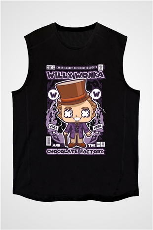 Willy Wonka Çikolata Fabrikası Baskılı Unisex Siyah Kolsuz Tişört