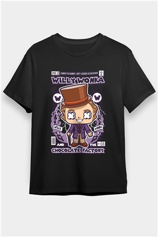 Willy Wonka Çikolata Fabrikası Baskılı Unisex Siyah Tişört