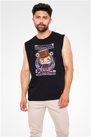 Willy Wonka Çikolata Fabrikası Baskılı Unisex Siyah Kolsuz Tişört