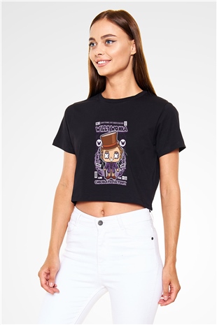 Willy Wonka Çikolata Fabrikası Baskılı Siyah Kadın Crop Top Tişört
