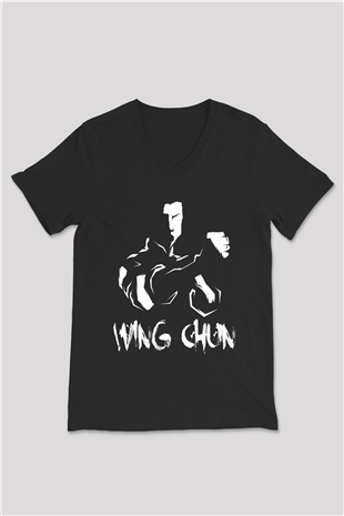Wing Chun Baskılı Unisex Siyah  V Yaka Tişört