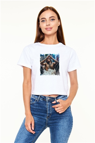 Wiz Khalifa Baskılı Beyaz Kadın Crop Top Tişört