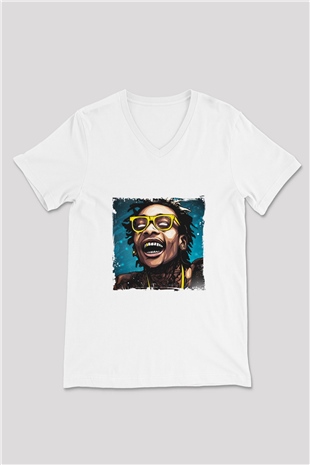 Wiz Khalifa Baskılı Beyaz V Yaka Unisex Tişört