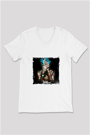 Wiz Khalifa Baskılı Beyaz V Yaka Unisex Tişört