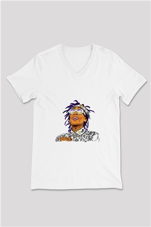 Wiz Khalifa Baskılı Beyaz V Yaka Unisex Tişört