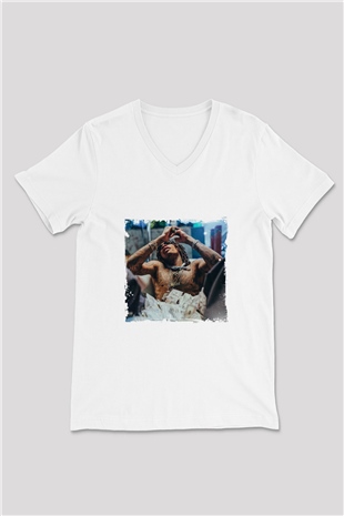 Wiz Khalifa Baskılı Beyaz V Yaka Unisex Tişört