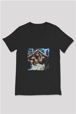 Wiz Khalifa Baskılı Unisex Siyah V Yaka Tişört