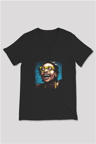 Wiz Khalifa Baskılı Unisex Siyah V Yaka Tişört