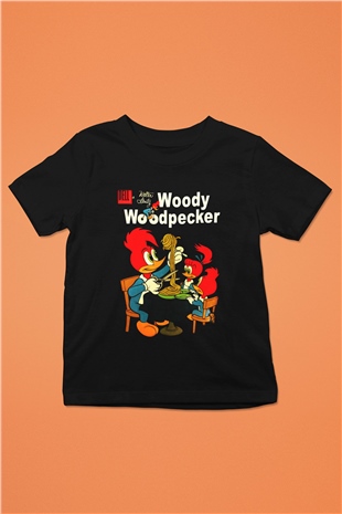 Woody Woodpecker Baskılı Siyah Unisex Çocuk Tişört