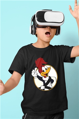 Woody Woodpecker Baskılı Siyah Unisex Çocuk Tişört