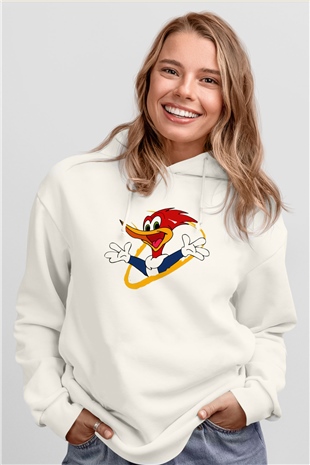 Woody Woodpecker Beyaz Unisex Kapşonlu Sweatshirt