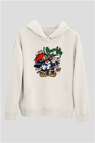 Woody Woodpecker Beyaz Unisex Kapşonlu Sweatshirt