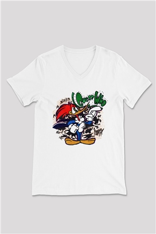 Woody Woodpecker Beyaz Unisex V Yaka Tişört