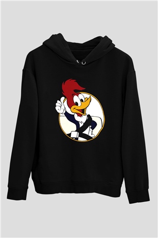 Woody Woodpecker Siyah Unisex Kapüşonlu Sweatshirt