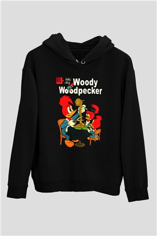 Woody Woodpecker Siyah Unisex Kapüşonlu Sweatshirt