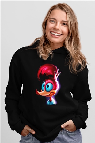 Woody Woodpecker Siyah Unisex Kapüşonlu Sweatshirt