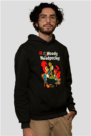 Woody Woodpecker Siyah Unisex Kapüşonlu Sweatshirt