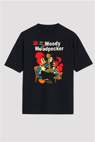 Woody Woodpecker Siyah Unisex Oversize Tişört