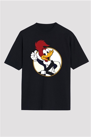 Woody Woodpecker Siyah Unisex Oversize Tişört