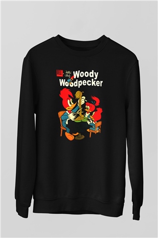 Woody Woodpecker Siyah Unisex Sweatshirt