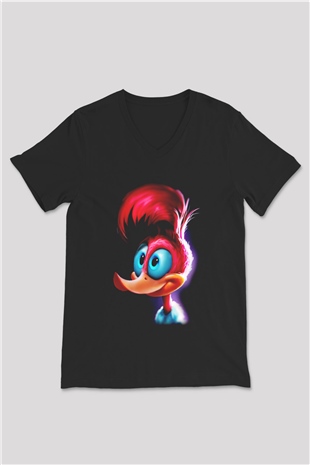 Woody Woodpecker Siyah Unisex V Yaka Tişört