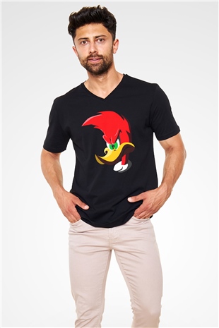 Woody Woodpecker Siyah Unisex  V Yaka Tişört
