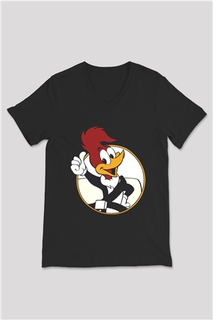 Woody Woodpecker Siyah Unisex V Yaka Tişört