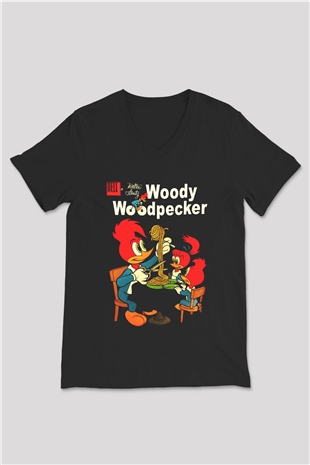 Woody Woodpecker Siyah Unisex V Yaka Tişört