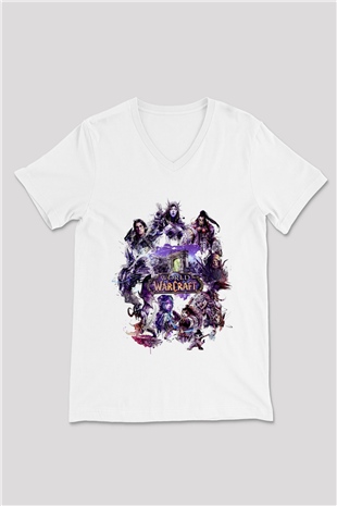 World of Warcraft Beyaz Unisex V Yaka Tişört