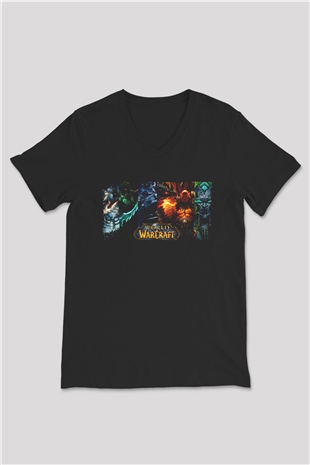 World of Warcraft Siyah Unisex V Yaka Tişört