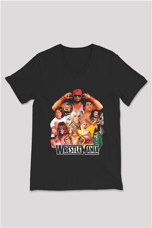 WrestleMania Siyah Unisex  V Yaka Tişört
