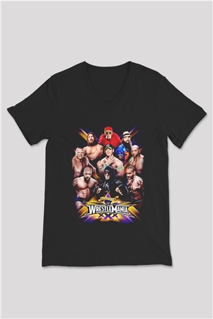 WrestleMania Siyah Unisex  V Yaka Tişört