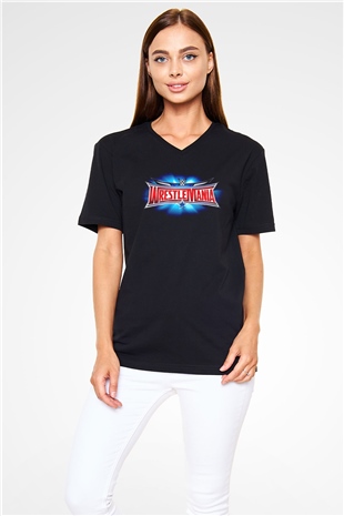 WrestleMania Siyah Unisex  V Yaka Tişört