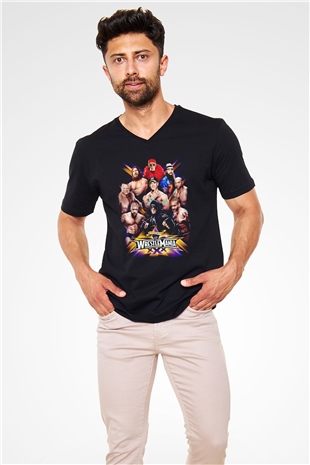 WrestleMania Siyah Unisex  V Yaka Tişört