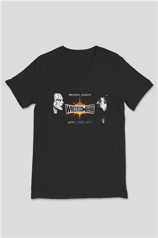 WrestleMania Siyah Unisex  V Yaka Tişört