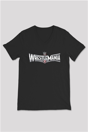 WrestleMania Siyah Unisex  V Yaka Tişört