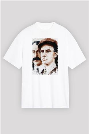 Wright Kardeşler Baskılı Unisex Oversize Beyaz Tişört - Tshirt