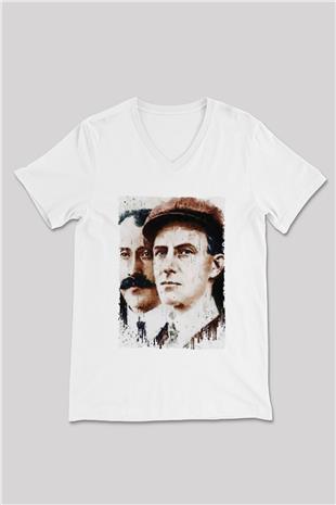Wright Kardeşler Baskılı Unisex V Yaka Beyaz Tişört - Tshirt